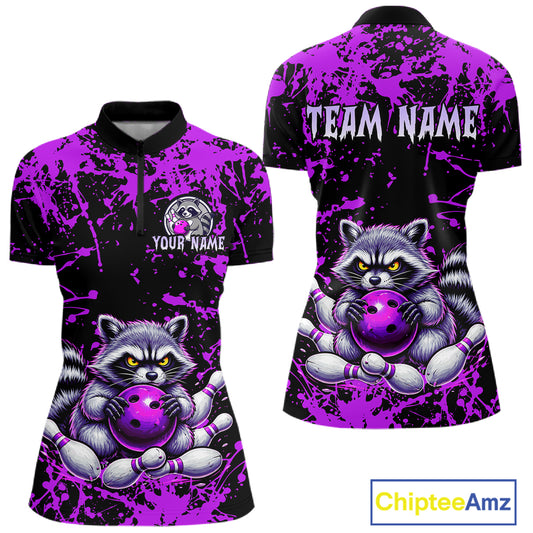 Custom Purple Raccoon Bowling Jersey for Women Bowling Uniform Polo & 1/4 Zip Bowling Team Shirts HNT224