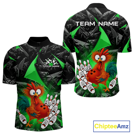 Custom Green Funny Chicken Bowling Jersey for Men Bowling Team Shirts Polo & 1/4 Zip HNT138