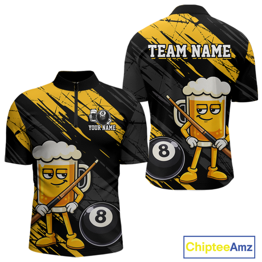 Custom Funny Yellow Beer 8 Ball Pool Men Billiard Polo & 1/4 Zip, Billiard Shirt, Billiard Team Jerseys NNT146