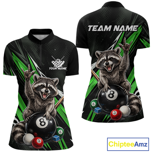 Custom Green Funny Raccoon 8 Ball Billiard Shirt for Women Billiard Team Jersey Billiard League NNT191