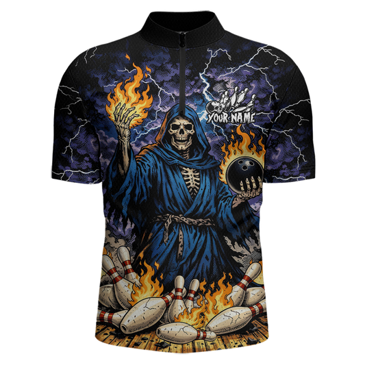 Custom Flame Grim Reaper Bowling Jersey for Men Polo & 1/4 Zip Bowling Team Shirts HNT222