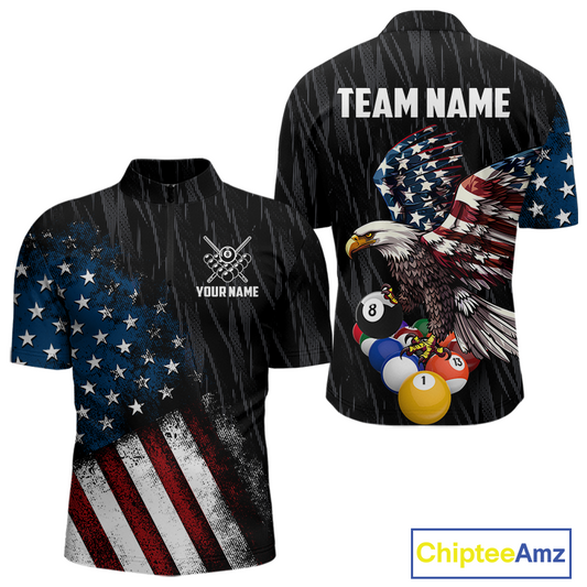 Front and back view personalized billiards quarter zip shirt with an eagle positioned above pool balls while flag artwork flows across the black layout.
