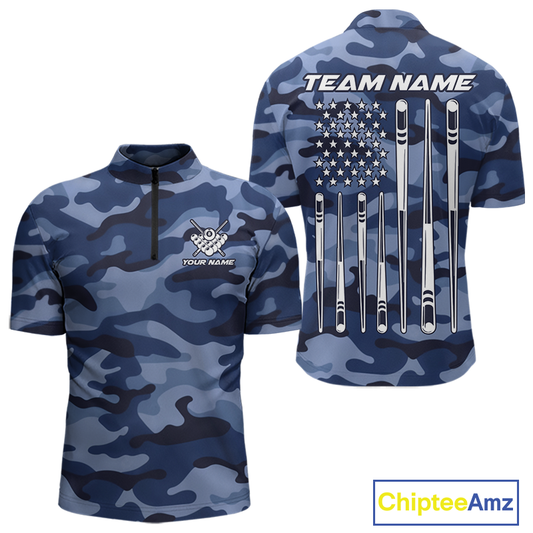 Custom Blue Camo 8 Ball Billiard Shirts for Men Billiard League Billiard Team Shirts NNT106