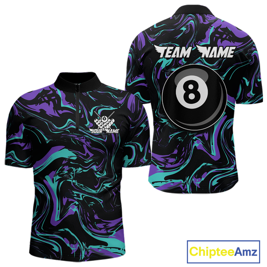 Front and back views of a men’s black billiards quarter zip with purple and teal marble patterns, custom team text, and a large 8-ball graphic on the back.