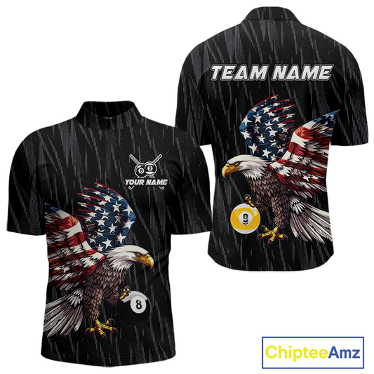 Front and back views of a black billiards quarter zip with a distressed American flag eagle pattern and large 8-ball and 9-ball graphics.