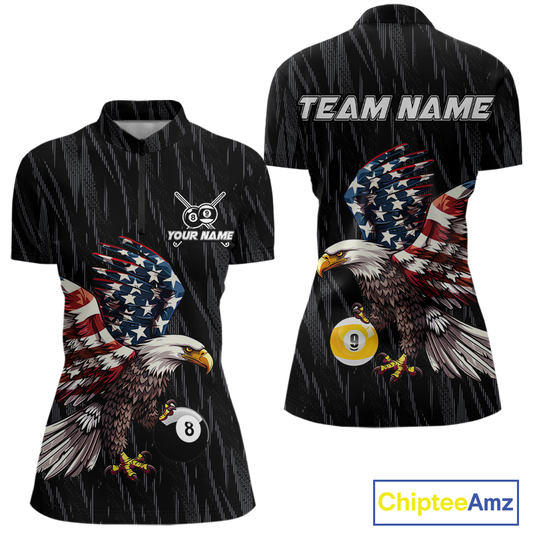 Front and back views of a black billiards quarter zip with a distressed American flag eagle pattern and large 8-ball and 9-ball graphics.