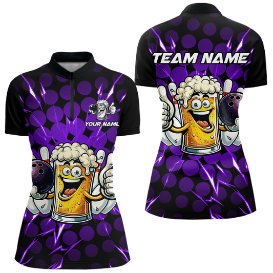 Custom Purple Funny Beer Bowling Jersey for Women Bowling Team Shirts Polo & 1/4 Zip HNT187