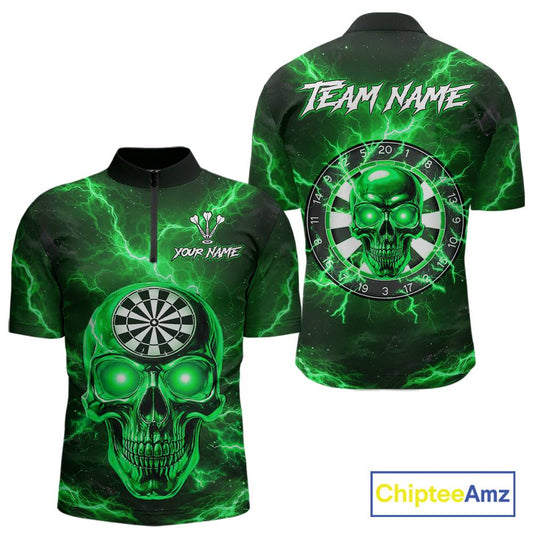 Custom Green Lightning Thunder Skull Dart Shirts For Men Darts Team Jerseys Polo & 1/4 Zip NNT135