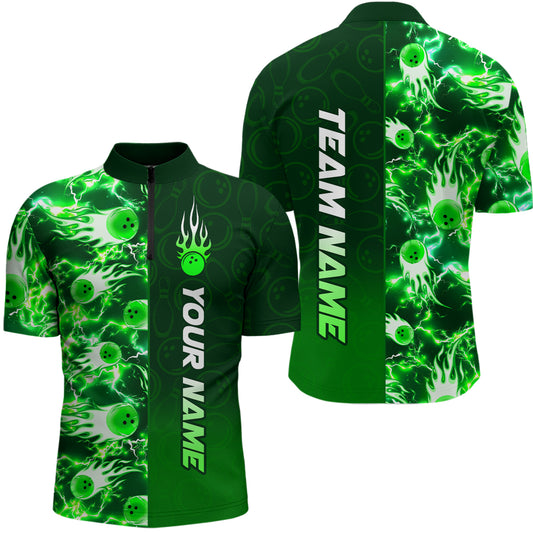 Bowling Quarter Zip Shirts For Men Custom Name Bowling Flame Lightning Team Jersey Shirt YYD0030