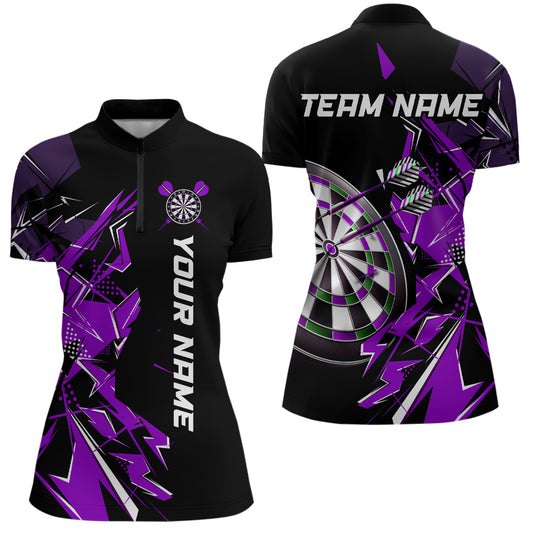 Black White Quarter-Zip Shirt Custom Name Patriotic Womens Darts Shirt Dart Jerseys | Blue - Purple - Red YYD0067