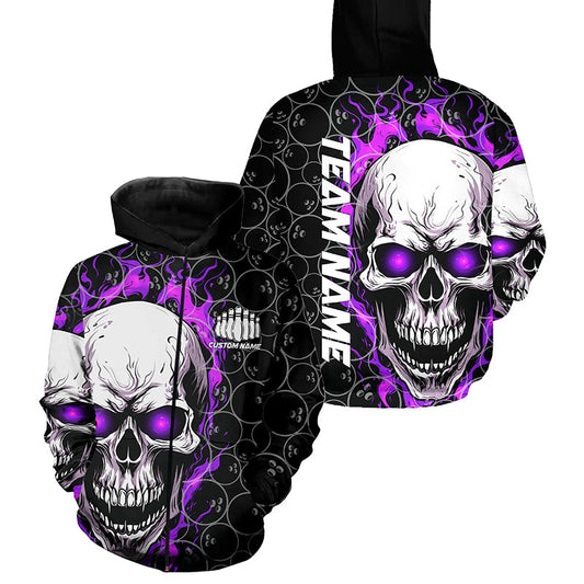 Custom Purple Flame Skull Bowling Shirts For Men And Women, Bowling Team Hoodie Bowling Shirts IPHW5009