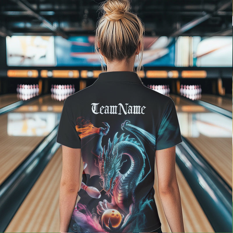 Blue Smoke Custom Dragon Bowling Team Polo Shirt For Women, Dragon Bowling Tournament Shirt IPHW8322