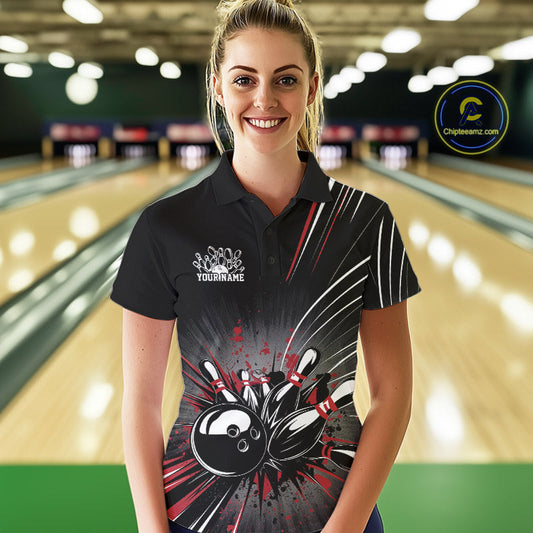 Custom Black And Red Grunge Bowling Team Jerseys, Women Bowling Polo Shirts IPHW9620