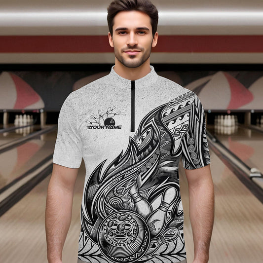 Custom Grunge Black And Gray Tribal Flame Polynesian Bowling Team Quarter-Zip Shirts For Men IPHW8804