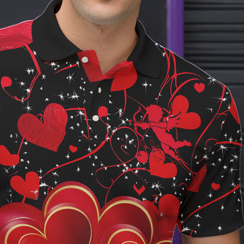 Black And Red Custom Valentines Day Bowling Polo Shirts For Men, Bowling Couple Shirt IPHW8327