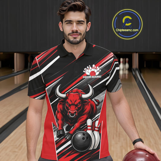 Custom Black And Red Bull Bowling Team Men Polo Shirt, Bull Bowling Jerseys IPHW11814