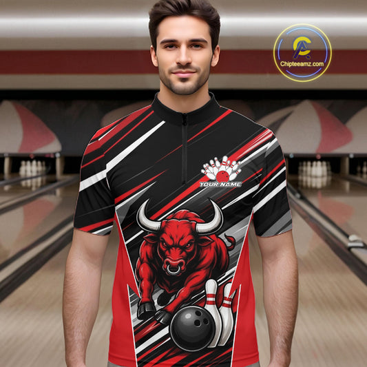 A man wearing a short-sleeve bowling quarter zip jersey with a red bull graphic and the words 'TEAM MARYAND' on the chest, standing in a bowling alley.