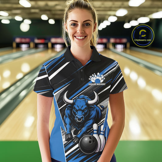 Custom Black And Blue Bull Bowling Team Women Polo Shirt, Bull Bowling Jerseys IPHW11815