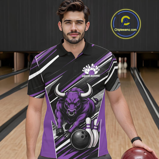 Custom Black And Purple Bull Bowling Team Men Polo Shirt, Bull Bowling Jerseys IPHW11816