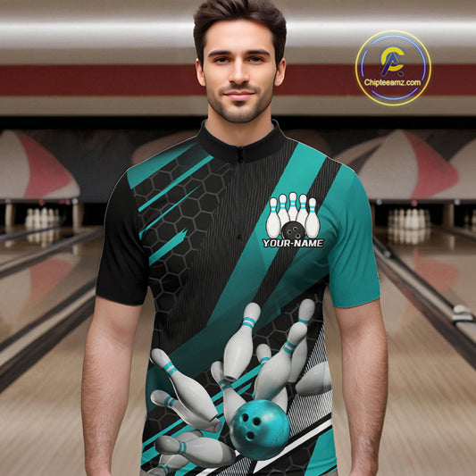 Custom Black And Turquoise Blue Bowling Team Jersey, Bowling League Men Quarter-Zip Shirt IPHW9812