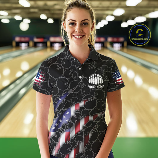 Custom Black Bowling Ball Pattern Shirt, Patriotic US Flag Bowling Polo Shirt For Women IPHW6778