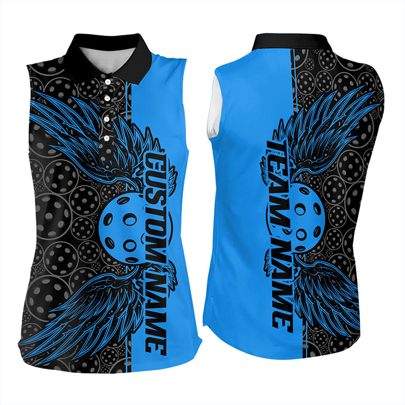 Black And Blue Custom Pickleball Wings Women's Sleeveless Polo Shirts, Mens Pickleball Team Shirts IPHW8108