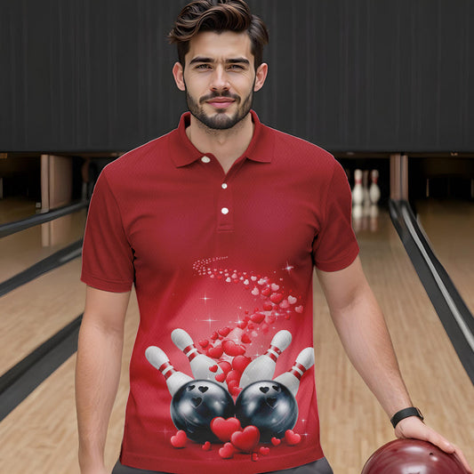 Custom Red Valentine Bowling Polo Shirts For Men, Valentines Day Couple Bowling Outfits IPHW8348