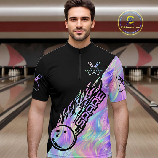 Custom Holographic Flame Spare Bowling Men Shirts, Bowling Team League Jerseys IPHW10688