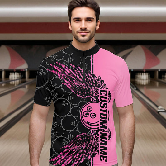 Black And Pink Custom Bowling Tournament Men Quarter-Zip Shirts, Bowling Ball And Wings Jerseys IPHW8848