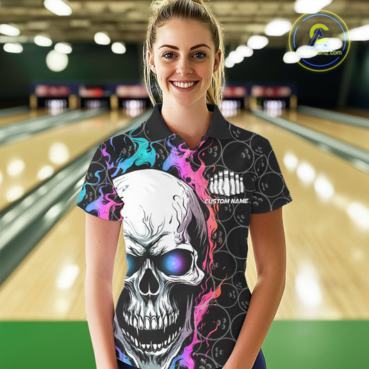 Custom Blue And Pink Flame Skull Bowling Women Polo Shirts, Bowling Team League Shirt IPHW8853