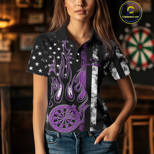 Custom Purple Thin Line US Flag Patriotic Flame Dartboard Women Polo Shirt, Dart Jersey IPHW9642