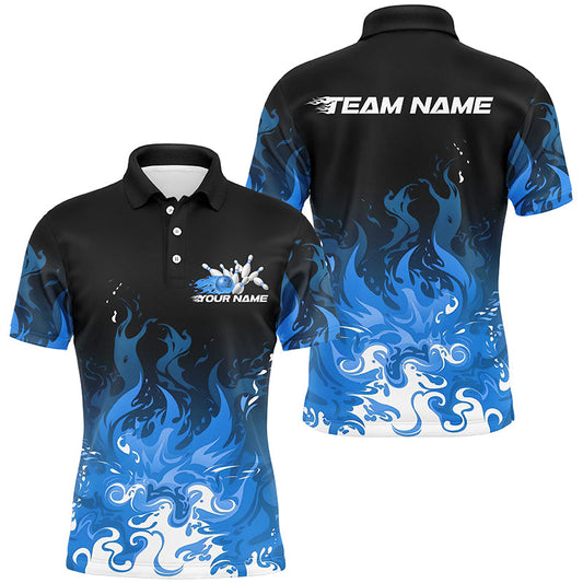 Custom Blue Flame Bowling Shirts For Men, Team Name Bowling League Shirts Bowlers Outfits IPHW7405
