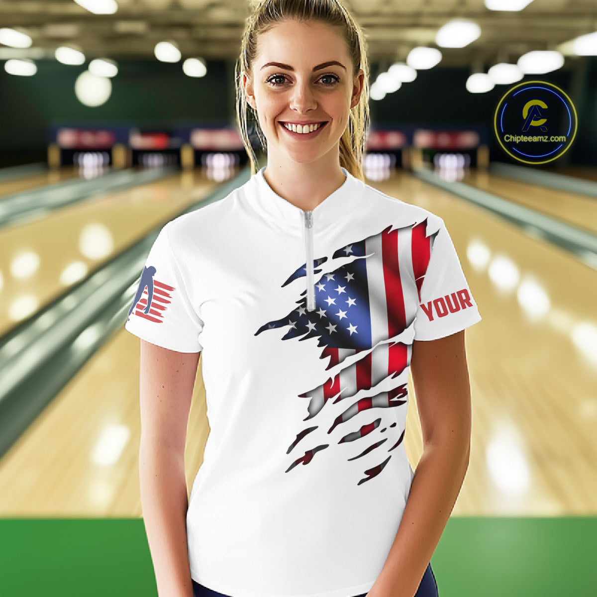 Custom Women's Bowling Shirts, Customizable American Flag Bowling Pin Polo Shirt For Team IPHW3809