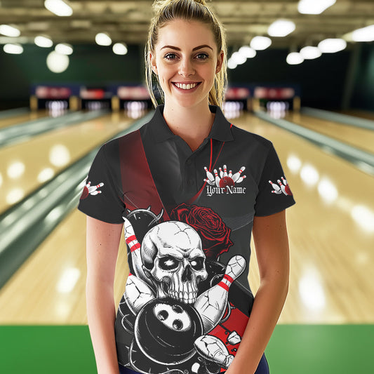 Custom Black And Red Roses Skull Bowling Team Polo Shirts For Women, Skull Bowling Jerseys IPHW8870