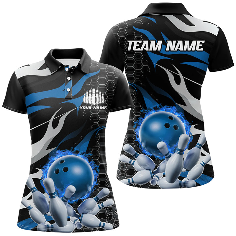 Blue And Black Custom Flame Bowling Shirts For Women, Bowling Team Shirts IPHW6790