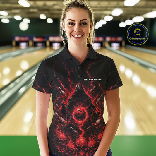 Woman wearing a red and black grim reaper bowling themed shirt. Halloween bowling outfit