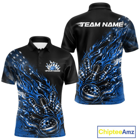 Custom Patriotic Blue Flame Bowling Shirts, US Flag Bowling Team Jerseys Freedom 4Th Of July Bowling Shirt IPHW10437