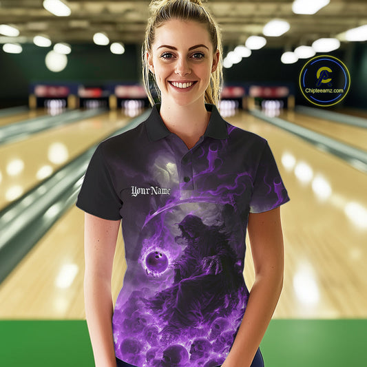 Custom Purple Fire Grim Reaper Bowling Polo Shirts For Women, Halloween Bowling Shirt IPHW9466