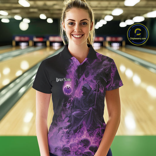 Custom Purple Flame Skull Bowling Polo Shirts, Purple Smoke Bowling Hallween Outfit IPHW9470