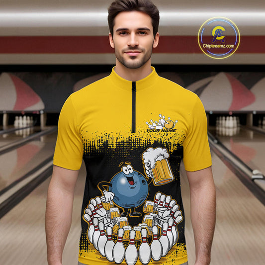 Custom Black And Yellow Funny Bowling Ball Drinking Beer Party Bowling Quarter-Zip Shirts For Men IPHW9826