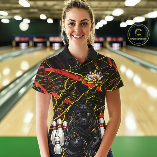 Custom Black, Gold And Red Claw Marks Black Panther Bowling Women Polo Team Shirt IPHW11635