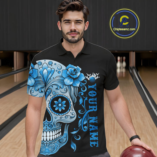 Blue Sugar Skull Tattoo Custom Men Bowling Polo Shirt, Halloween Team Bowling Jerseys IPHW10723