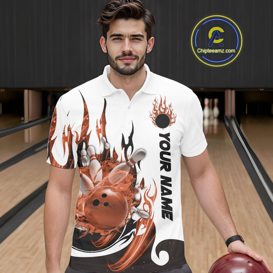 Custom Orange Flame Bowling Team Jerseys, Bowling League Polo Shirt For Men IPHW10729