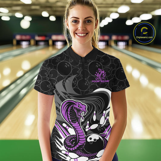Custom Black And Purple Cobra Snake Bowling Women Quarter-Zip Shirts, Bowling Team Shirt IPHW9700