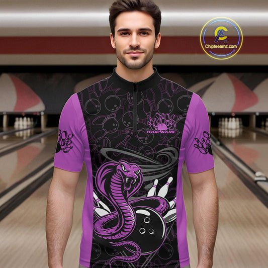 Custom Purple Cobra Snake Bowling Team Men Quarter-Zip Shirts, Bowling Pattern Shirt IPHW9705