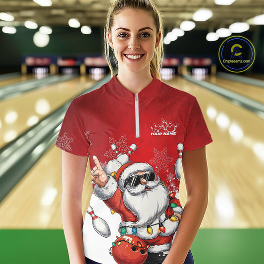 Custom Funny Santa Claus Christmas Bowling Women Quarter-Zip Shirts, Xmas Bowling Outfit IPHW10116