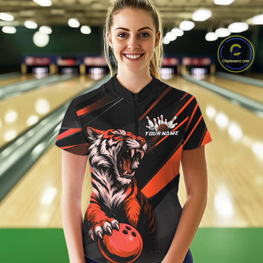 Custom Black And Orange Tiger Bowling Women Shirt, Bowling League Shirt Bowler Uniform IPHW10776
