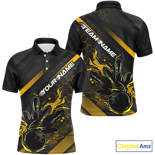 Custom Black And Gold Flame Bowling Shirts For Men, Bowling Team Bowling League Shirts IPHW7505