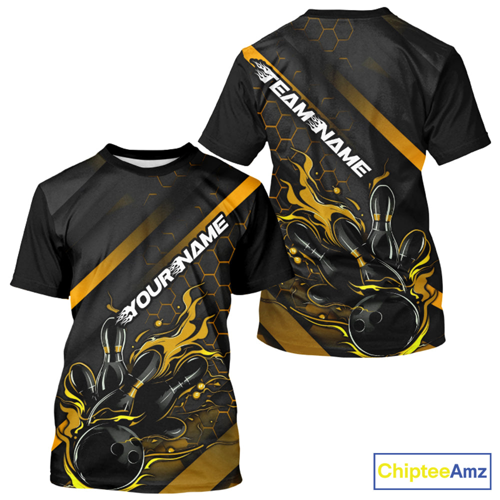 Custom Black And Gold Flame Bowling T-Shirts For Men, Bowling Team Bowling League Shirts IPHW7505