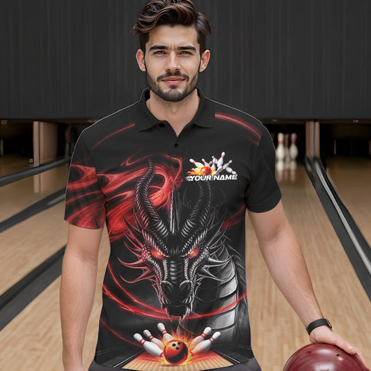 Custom Black And Red Flame Dragon Bowling Team Men Polo Shirts, Bowling League Shirt IPHW8911